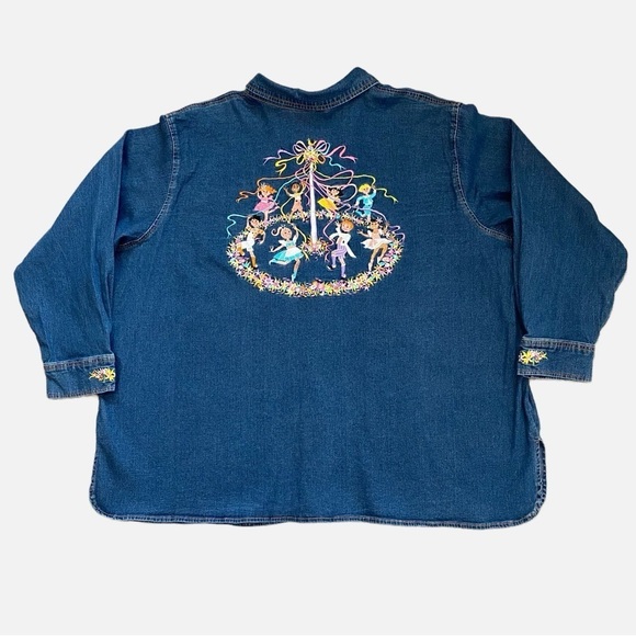 Bob Mackie Wearable Art Embroidered Maypole Dance Denim Button Down Shirt 3X - Picture 12 of 14